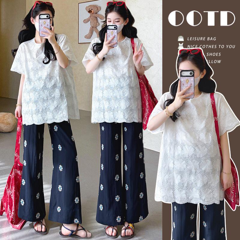 

Summer 2026 Jacquard Embroidery Cotton Linen T-shirt & Cropped Pants Set M