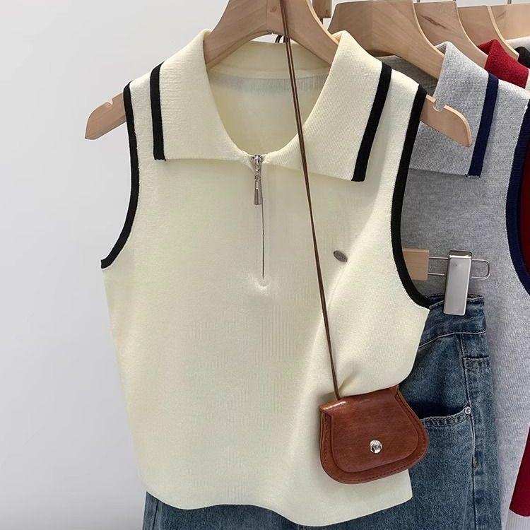 Women's Red Collared Sleeveless Outer Wear Knit Camisole Summer High-end Stylish Unique No Same Style Top