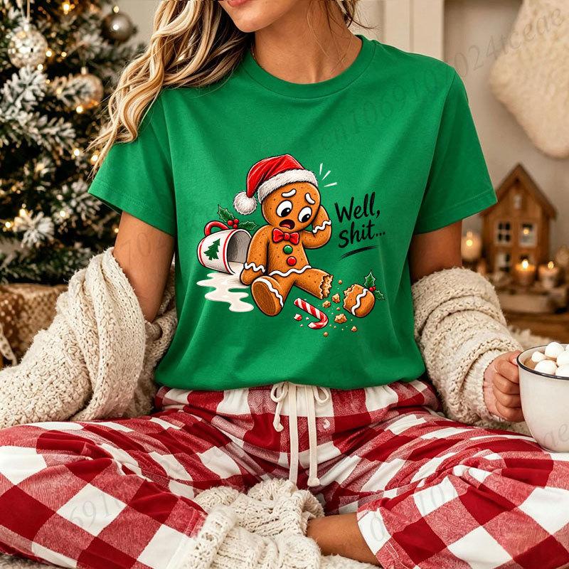 Funny Gingerbread Man Christmas T‑Shirt Well Shit Graphic Tee Xmas Santa Hat Print Short Sleeve Casual Holiday Party Tops Gifts