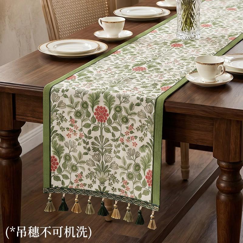 Elegant Chenille Jacquard Table Runner With Tassel Trim Floral Botanical Washable Wrinkle Resistant Dining