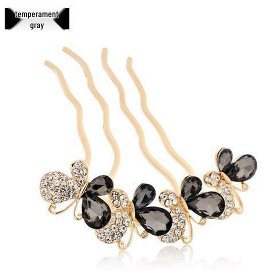 Korean Crystal Butterfly Alloy Four-Tooth Hair Comb - Elegant Updo Headwear Tool