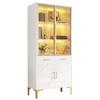 Tall Cabinet, Display Cabinet, Sideboard, Dining Room Cabinet, Tall Display Cabinet Glass Doors APP LED High-Gloss Marble Look 2 Drawers Metal Feet