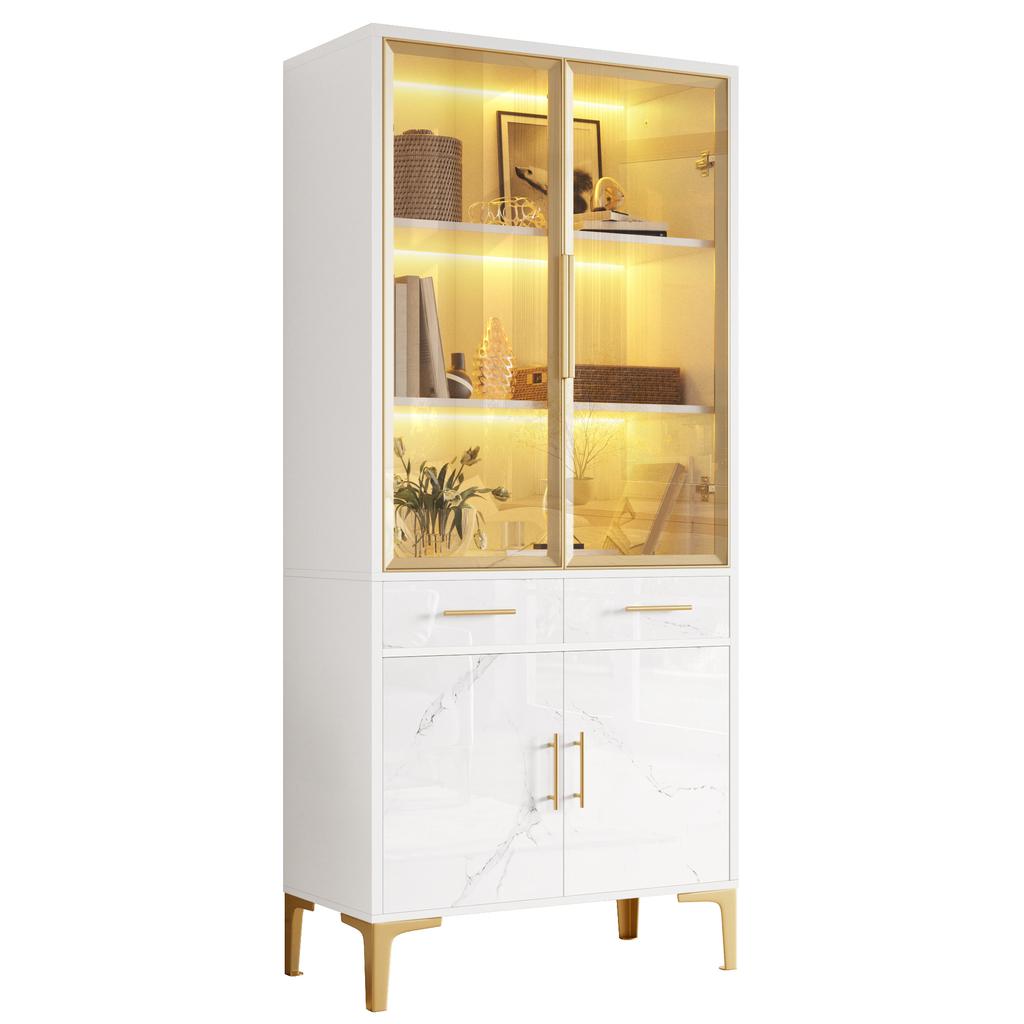Armadio Alto, Vetrina, Credenza, Mobile da Sala da Pranzo, Vetrina Alta con Ante in Vetro LED APP Effetto Marmo Lucido 2 Cassetti Piedi in Metallo