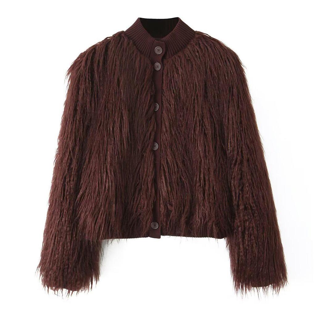 European & American Women's Spring 2025 Faux Fur Knit Cardigan