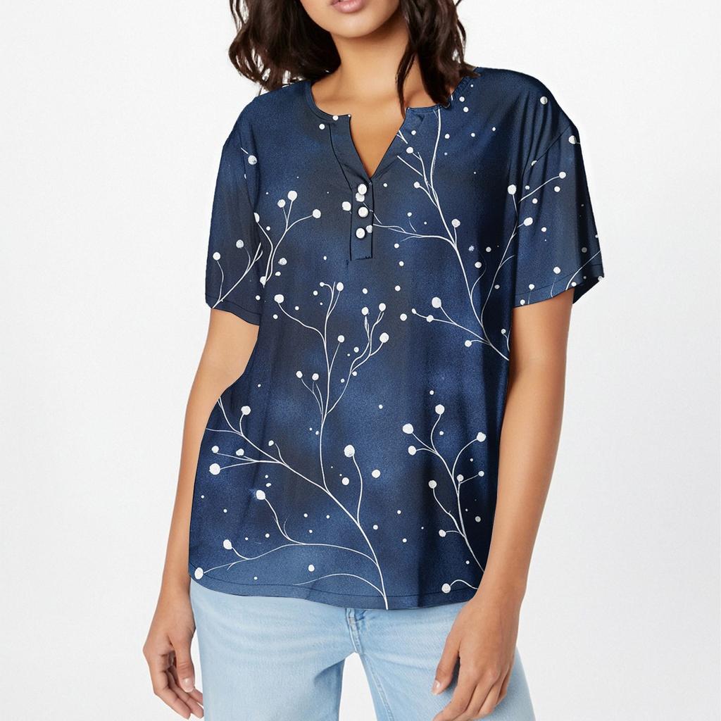 Women's Neck Vintage Floral Print Ribbed Short Sleeve T-Shirt Top