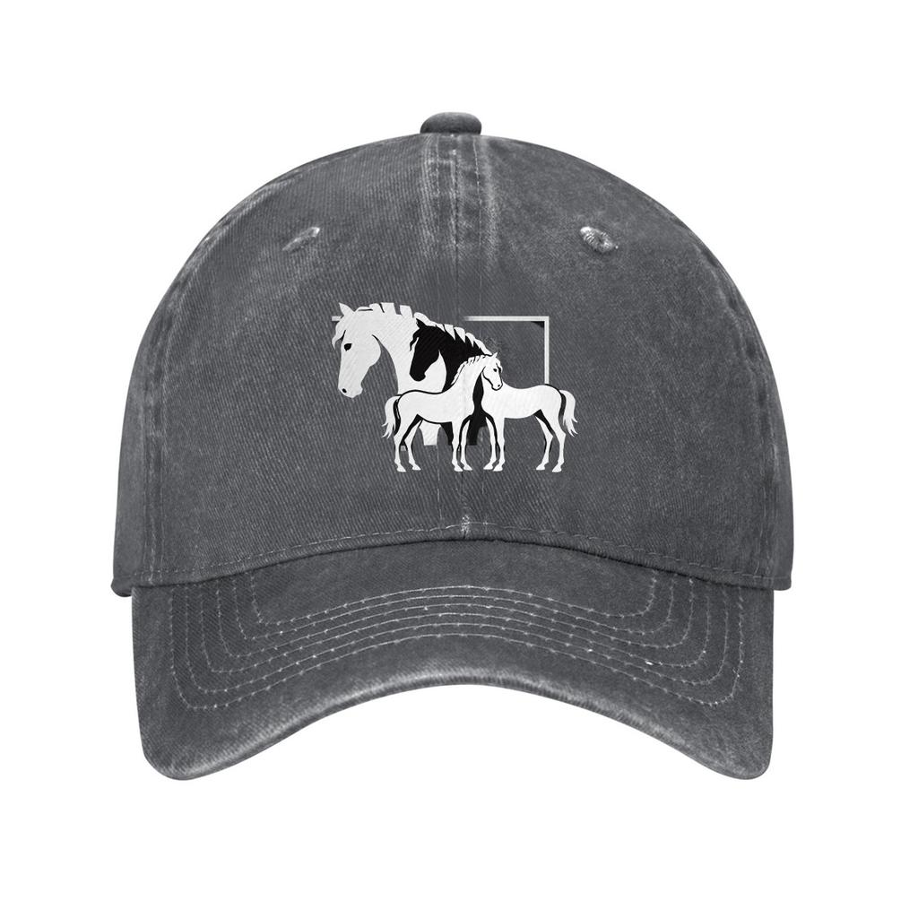 Horse Family Print Denim Baseball Cap Adjustable Washed Cotton Dad Hat Casual