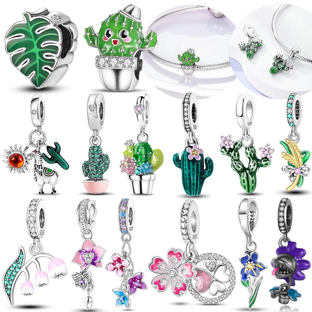 Authentic copper Humaneating Flower Green Cactus Pendant Flower Bead Charms Compatible With Bracelets Women Diy Valentines Day Gift Accessory