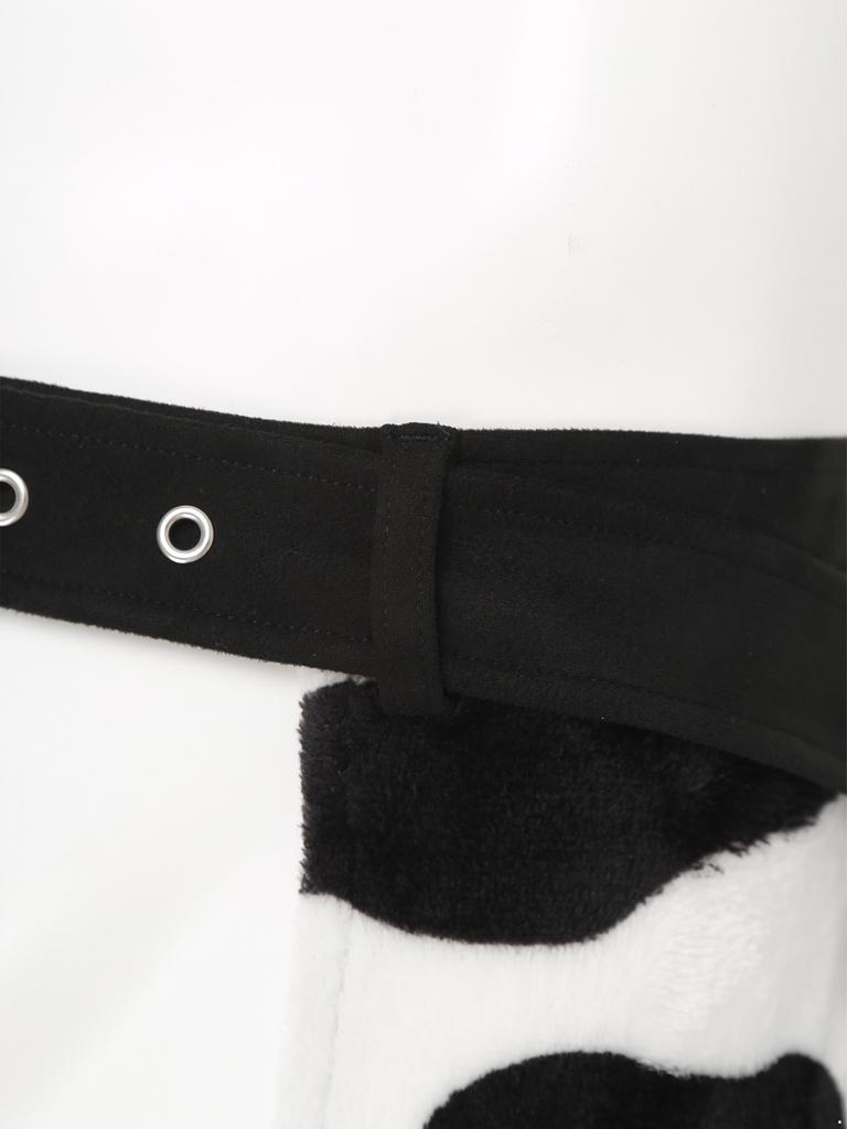 Mens Cow Print Flannel Pants Side Tassel Adjustable Waist Open Crotch Design Biker Riding Cowboy Chaps Halloween Costume