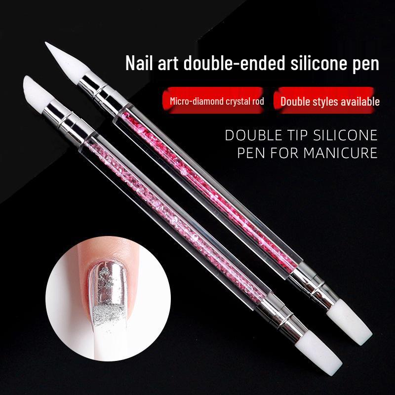 Nail Art Silicone Pen: Double-Headed Carving & Embossing Tool with Magic Mirror Powder, Glitter Rhinestone, and Dotting Features.