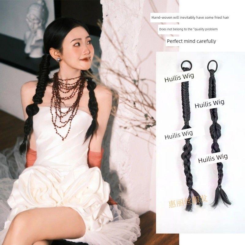 

Handmade Twisted Braid Wig National Style New Chinese Lantern Double-Strand Braid Bridal Style Double Ponytail Boxing Twist Braid B [pure hand lantern Fishbone Braid] Black