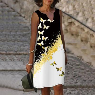 Damen V-Ausschnitt Sommerkleid mit schwarzem Partikel-Schmetterlings-Print, lässig, ärmellos, modisch, lässig, locker, sexy Kleider, Übergröße XS-8XL