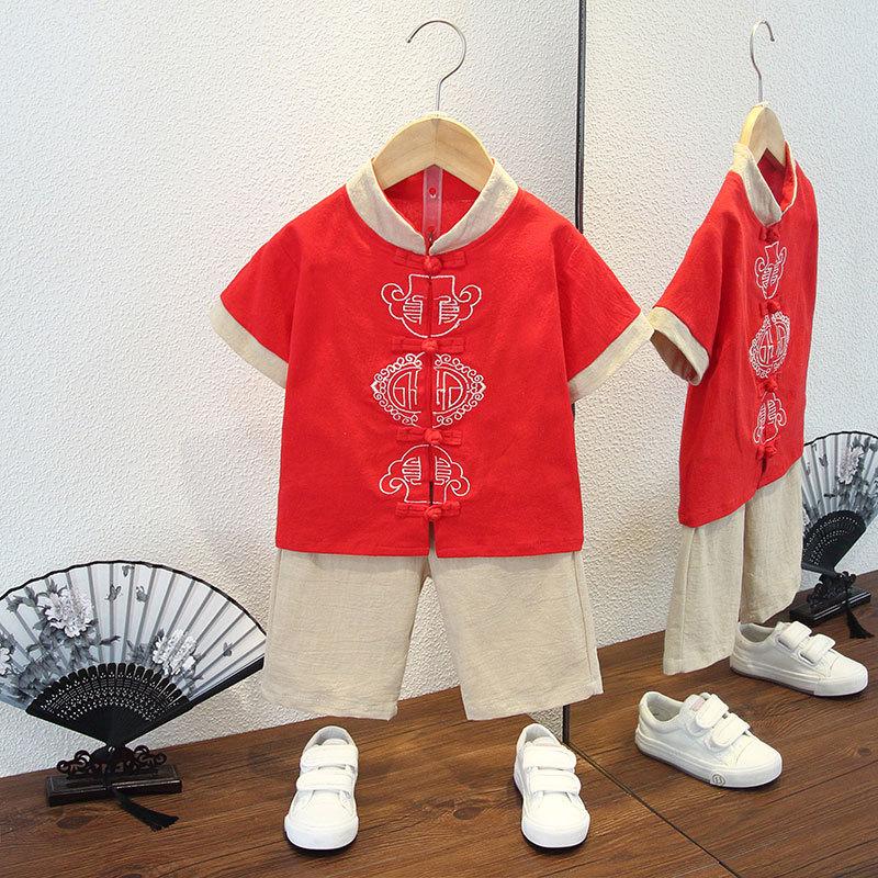 Completo Estivo da Ragazzo a Maniche Corte Stile Cinese per Bambini Hanbok Bello Completo Tang Cotone Lino Sezione Sottile di Abbigliamento Antico