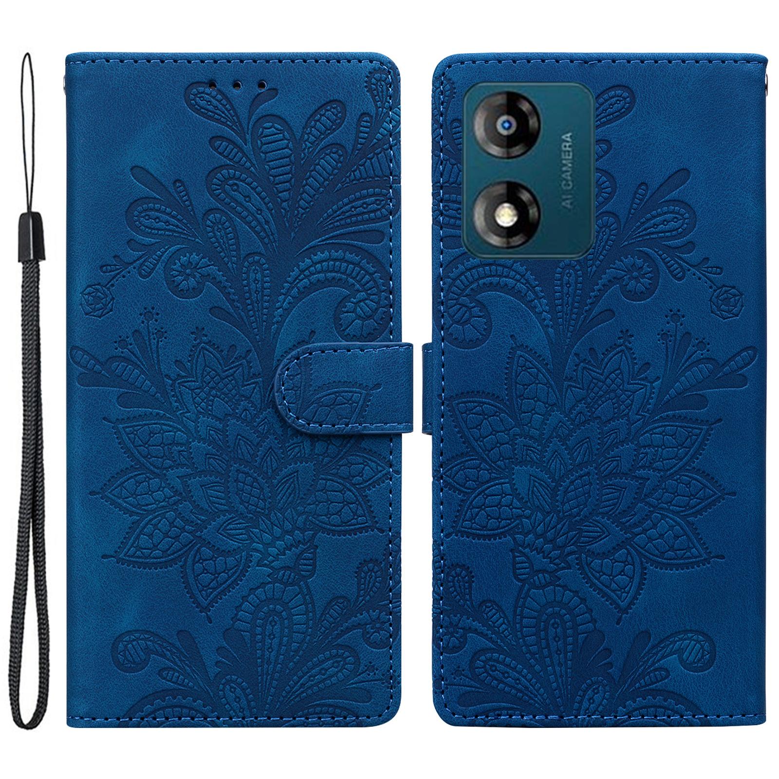 

For Motorola Moto E13 4G Case Imprinted Lace Flowers PU Leather Wallet Phone Cover Dark Blue