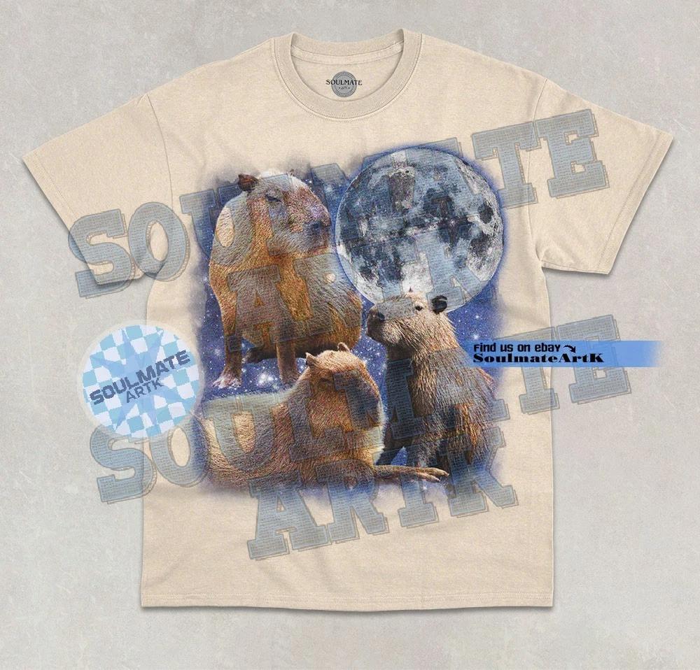 Three Capybara Moon T- Shirt Capybara Cute Animal Lover Moon Graphic Unisex Tee M