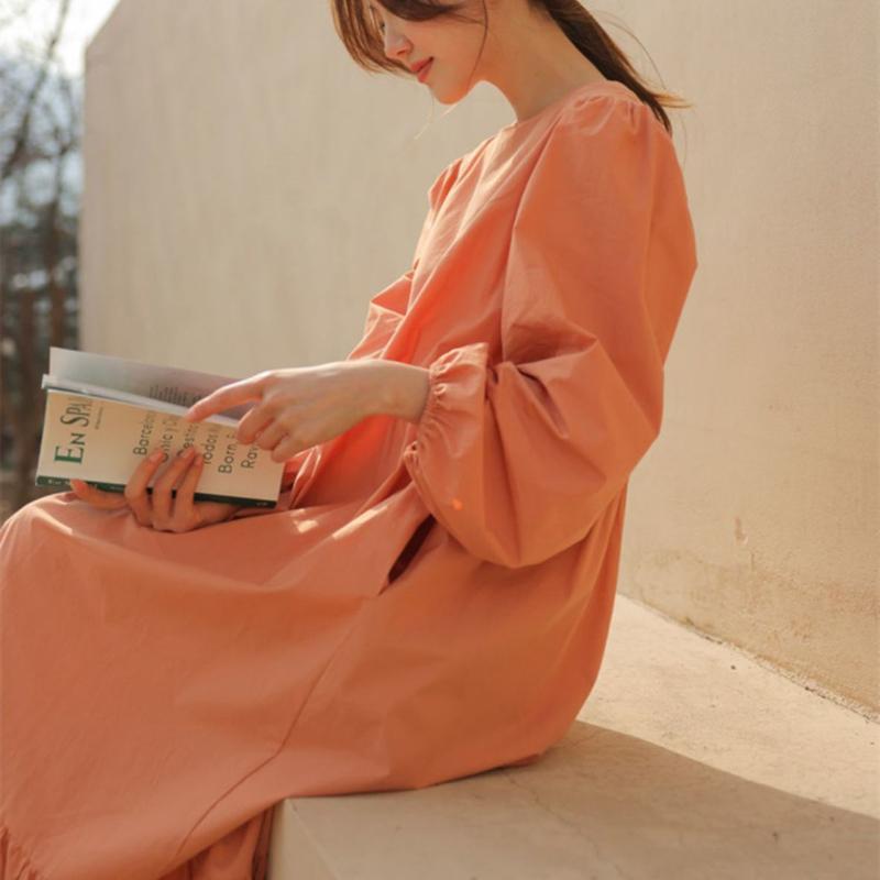 Lantern Sleeve Ruffled Long Sleeve Dress Spring Autumn Loose Fit Tummy-Hiding Slimming Maxi Dress