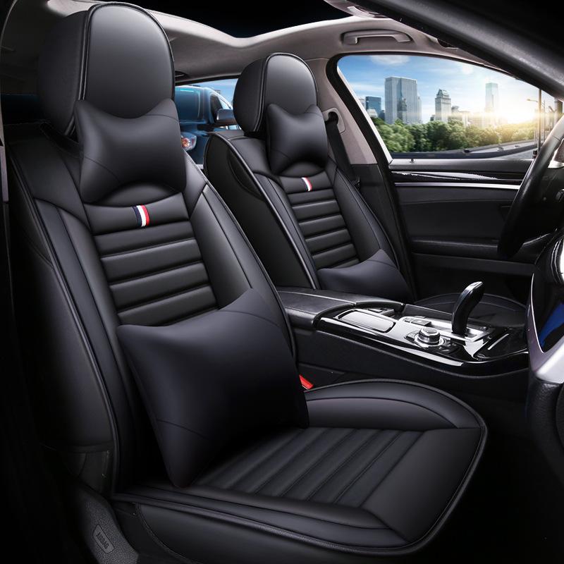 Fundas de Asiento Universales para Coche de 5 Plazas Deluxe Cuero Resistente al Desgaste Cojín Funda Completa Negra Almohada Lumbar+reposacabezas