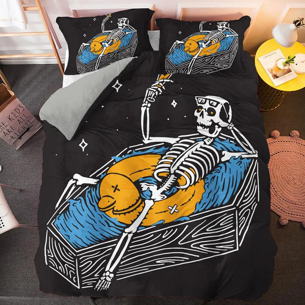 3D Skull Funny Skeleton Smoking Pattern Duvet Cover Halloween Black Skull Theme Bedroom Decoration for Children Teens Women Men