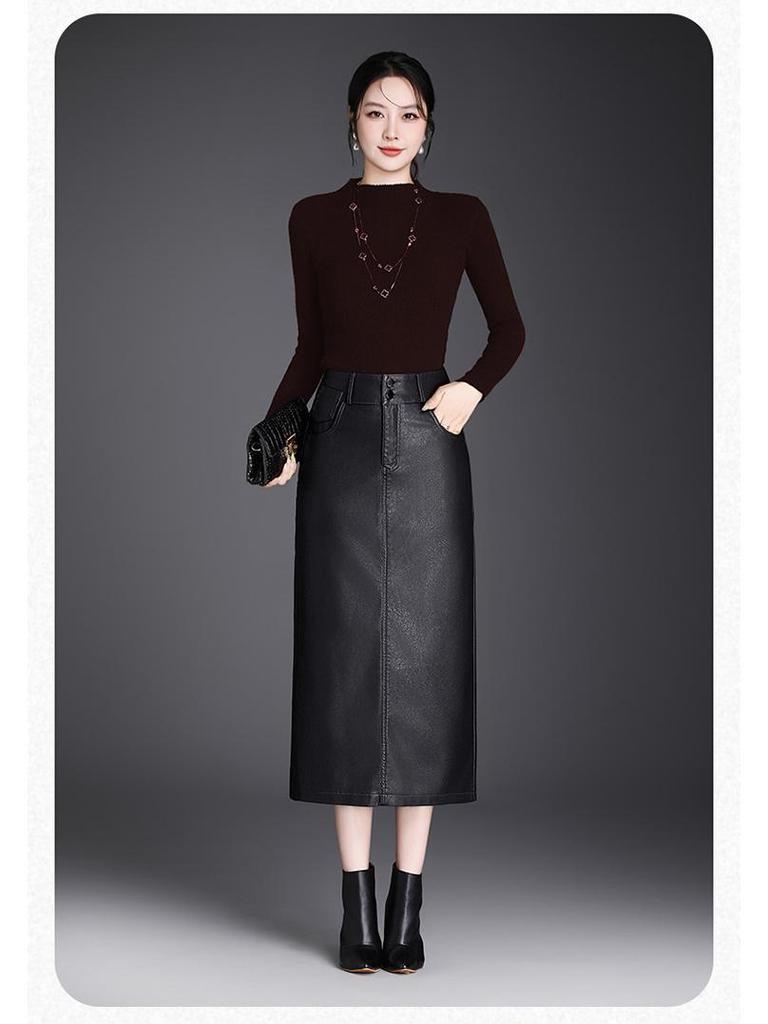 Ołówkowa Spódnica z PU Skóry z Kieszeniami, Wysoki Stan, Kolekcja Jesień/Zima 2025, Krój Prosty, Dopasowana.