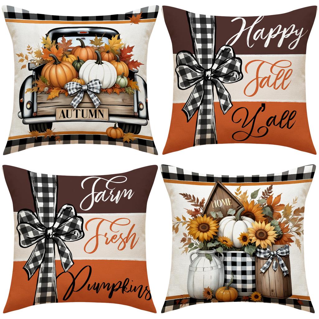 Thanksgiving Pillow Covers,Pumpkin & Autumn Leaf Design, Soft Flannel Sofa Cushion Covers for Home Decor,45x45cm, No Pillow Insert
