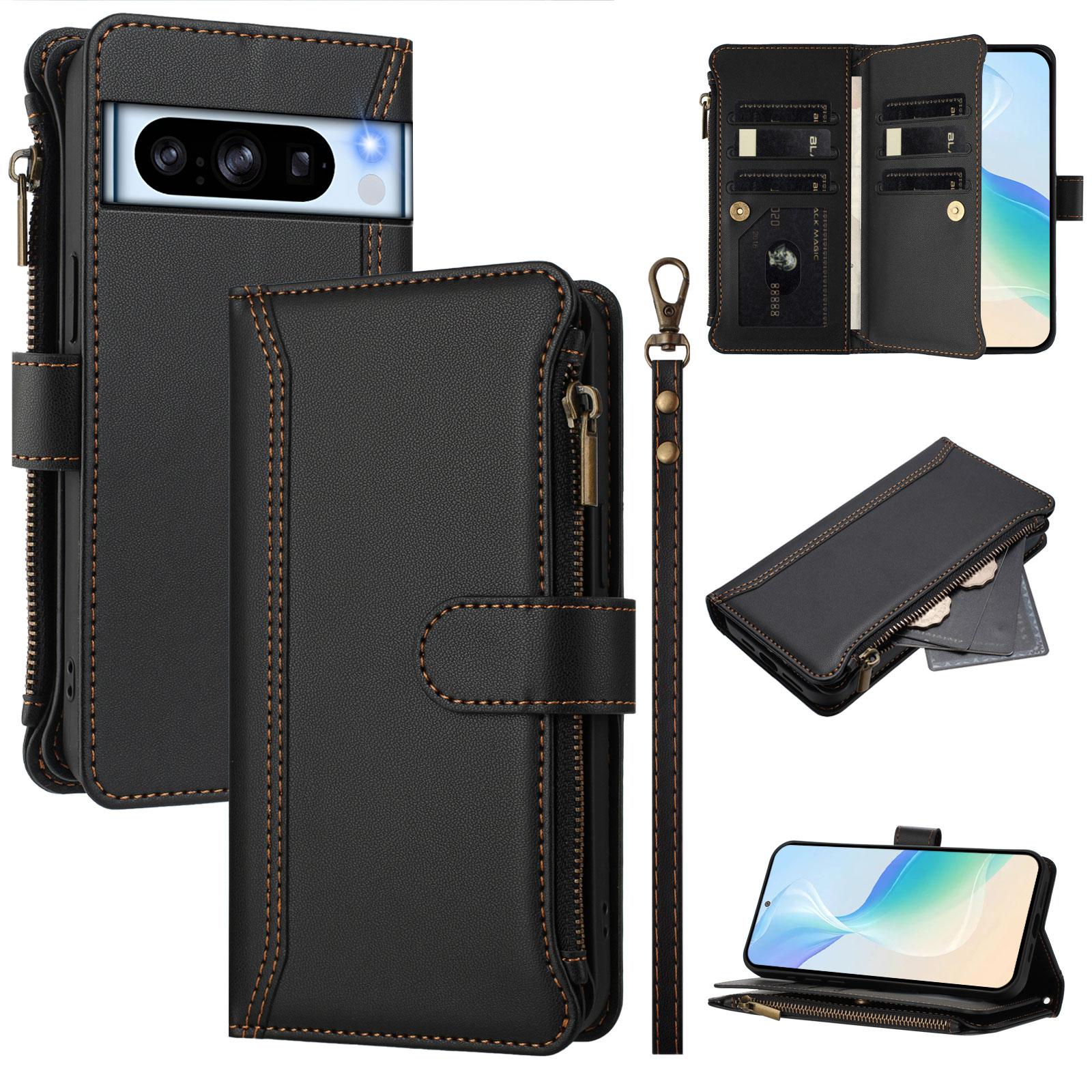 

For Google Pixel 8 Pro Leather Case 9 Card Slots Zipper Wallet Stand Phone Cover with Wrist Strap B