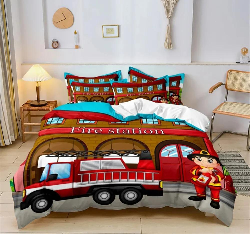 Cartoon Car Bedding Set Construction Vehicles Comforter Cover 3pcs Kids Machinery Truck Soft Polyester Duvet Cover for Boys Gift