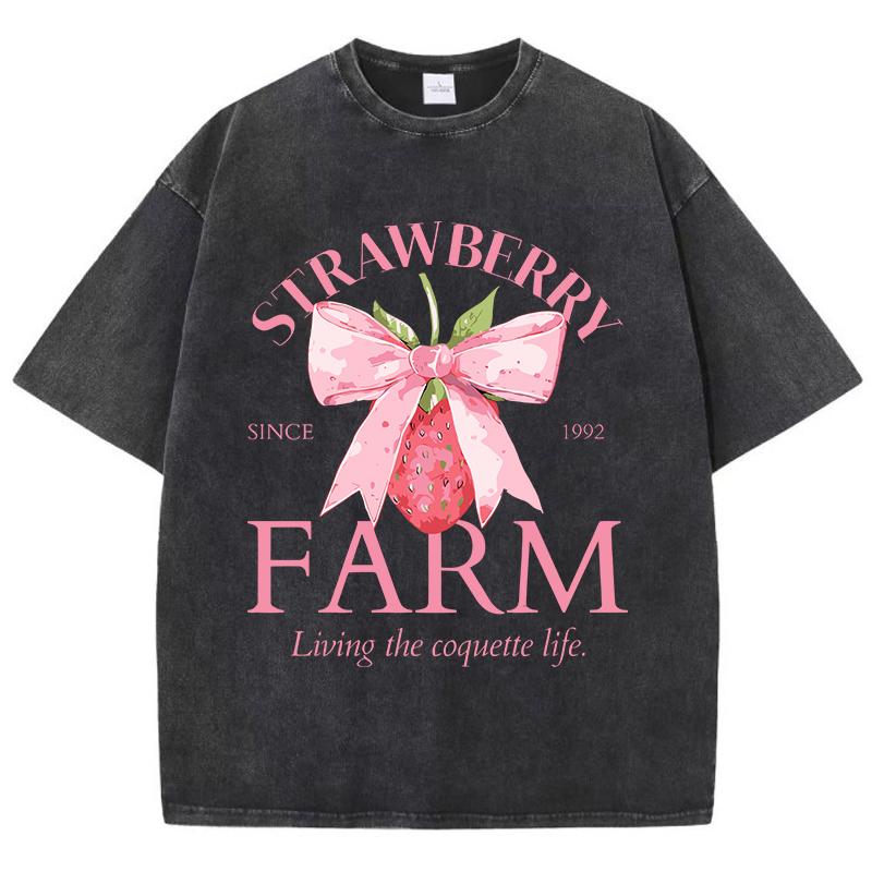 Strawberry Farm Printing Washed TShirts Womens Cotton Tops Distressed ONeck Comfortable T Shirt Summer Casual Womans Clothes