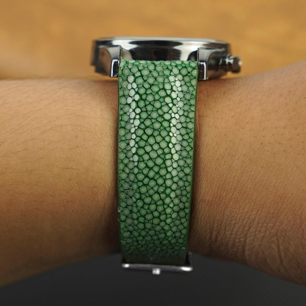 Vinacreations 18mm Green Stingray Leather Watch Galuchat Leather Replacement Watch Band for Handmade with Wrist Green Strap, Men, Buckle, (DH-68-18MM)
