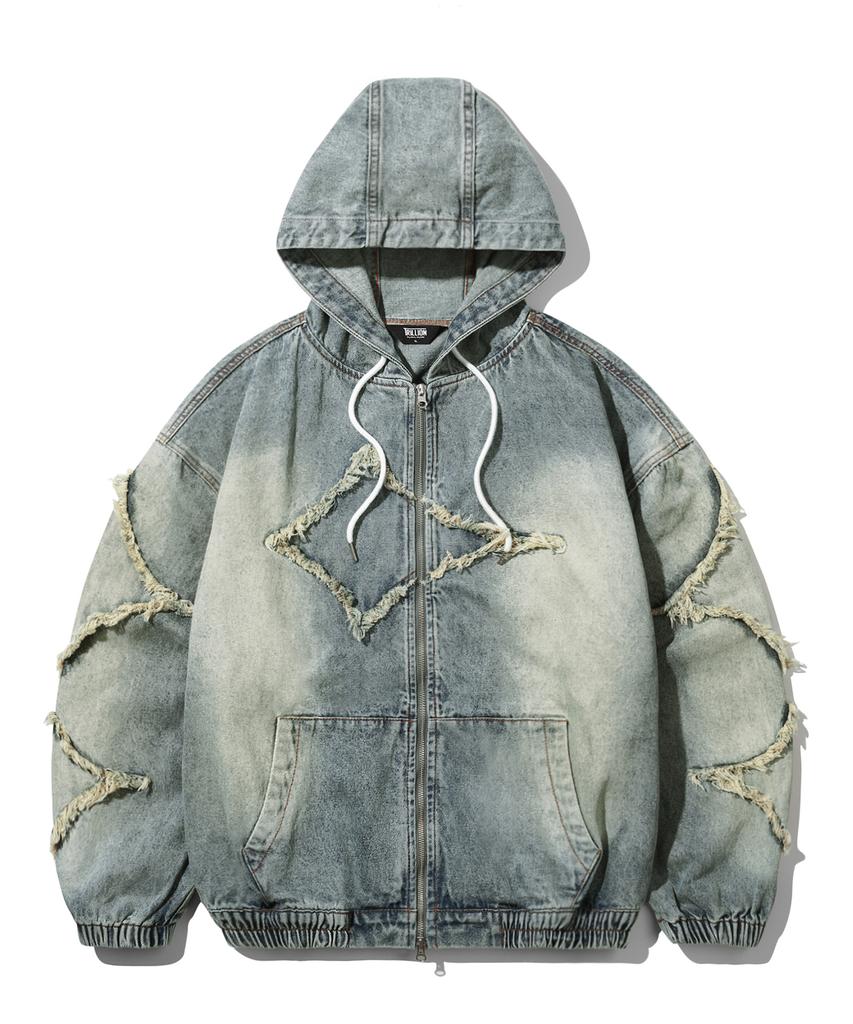 Trillion Star Applique Damaged Wash Denim Jacket (Beige Blue)