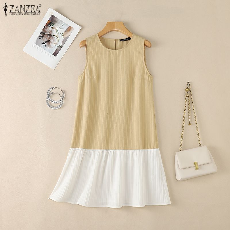 ZANZEA Women Summer Round Neck Casual Sleeveless Splice Tank Dress