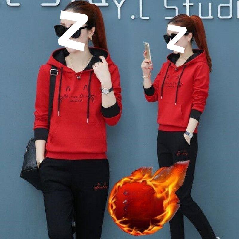 Winter and Autumn Casual Sportswear Set for Women (Korean Version) - Embroidered Hooded Loose Long-Sleeved Warm and Thick Two-Piece Set