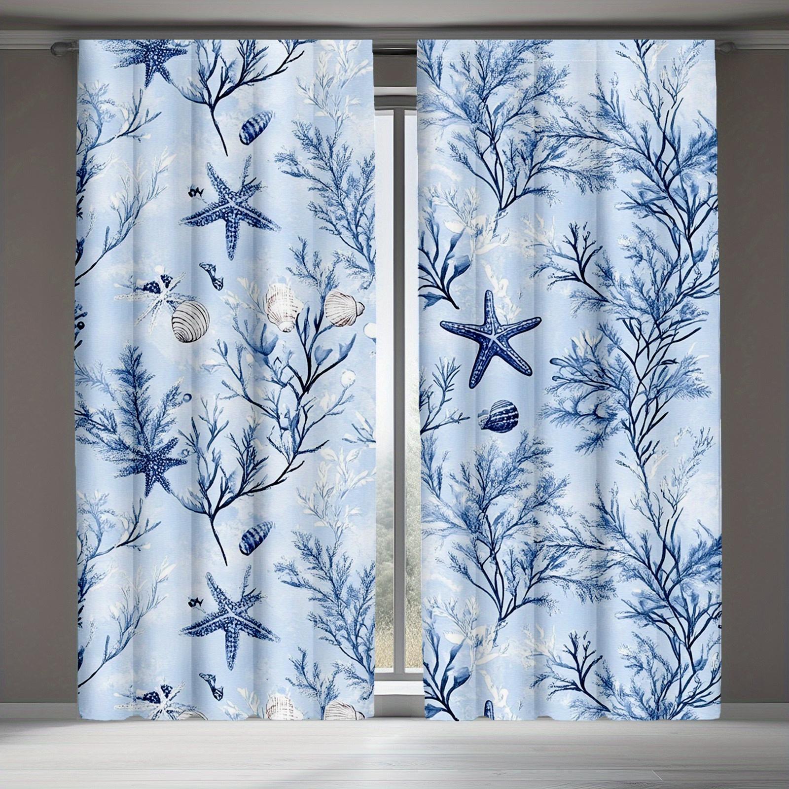 

Set Of 2 Beach Ocean Curtains Blue White Sea Theme Starfish Seashell Print Decorative Curtain Polyester W264*H213(CM)-Grommet top&1PCS