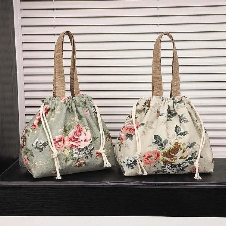 WTEMPO Fashion Printed Lightweight Handbags Women's Embroidered Drawstring Bento Bags Commuting Travel Lunch Box, Storage, Hand-held Cloth Bags