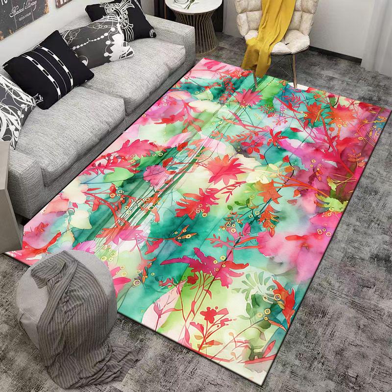 Watercolor Floral Pattern Carpet with Vibrant Red and Green Design Suitable for use as an anti-slip for living room bedroom sofas