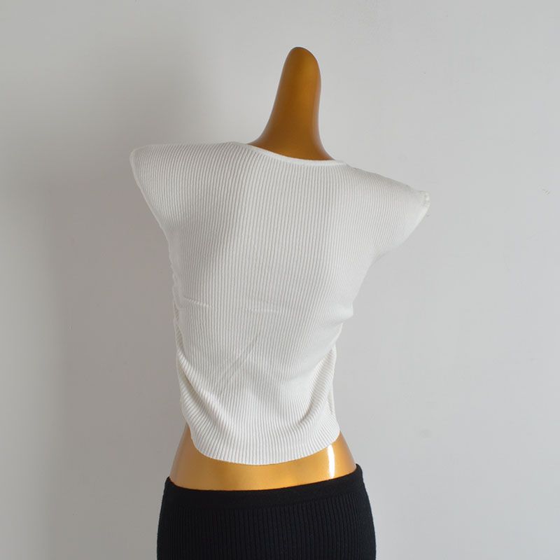 Pure Color New Arrival Minimalist V-neck Ruffled Sleeve Knitting Cardigan Women's Clothes Summer Silm Elastic Ruched T-shirt Tops Tide