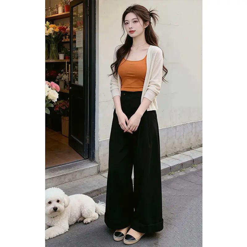 

Chic White Knit Cardigan & Orange Camisole Wide-Leg Pants Set - Women’s Trendy Two-Piece 2026 XL