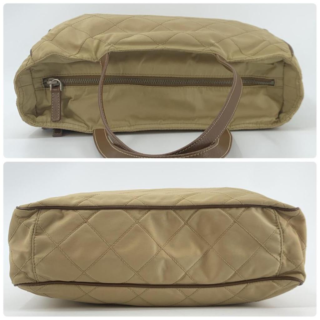 Prada Quilted Tessuto Nylon Tote Boston Bag Handbag One Shoulder Brown Beige Leather Triangle Logo Plate