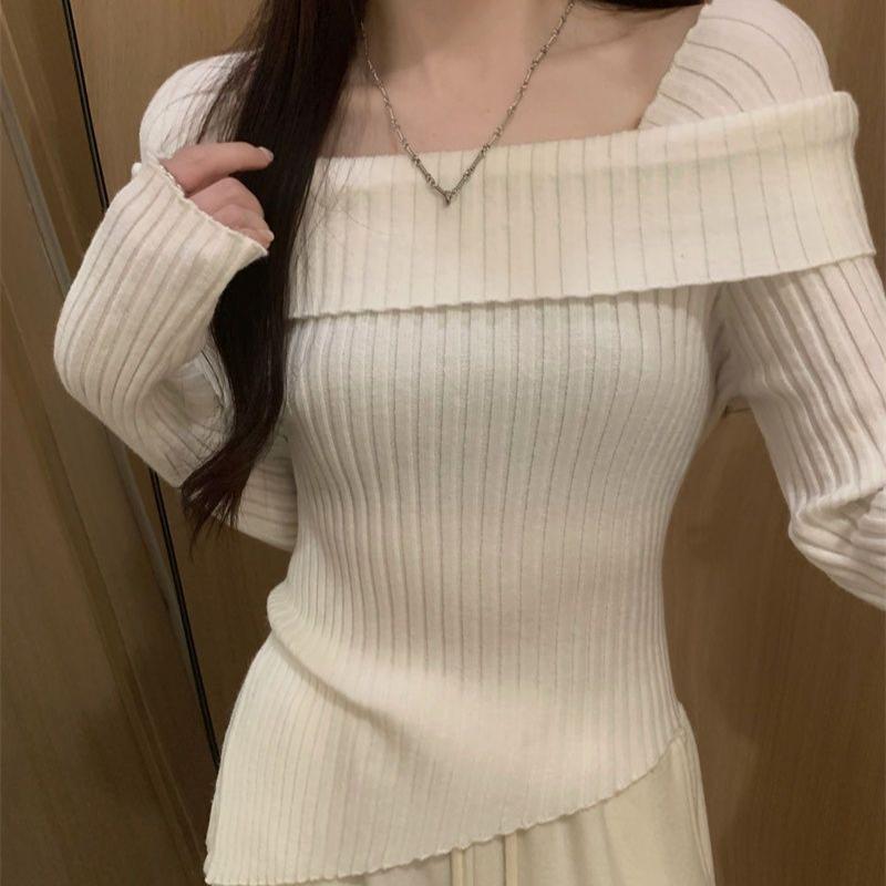 Women's Square Neck Knitted Sweater Autumn Winter Slim Knitted Base Layer Long Sleeve Pullover Irregular Knit Top