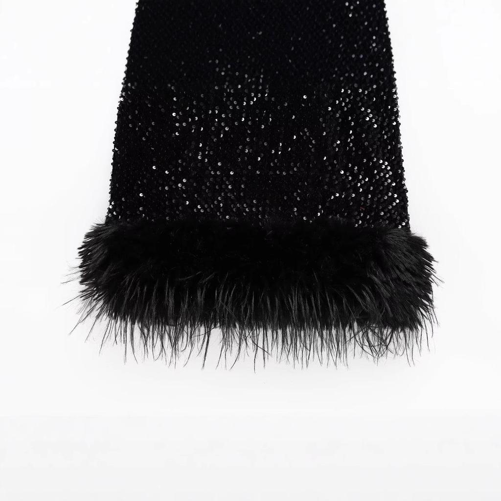 Spring 2025 Women's Sequin & Feather Embellished Dress – European & American Fashion Style