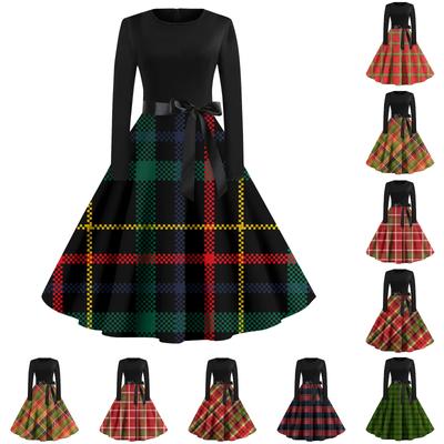 Damen Vintage Kariert Bedruckt Langarm Rundhals Übergröße Abend- und Ballkleider