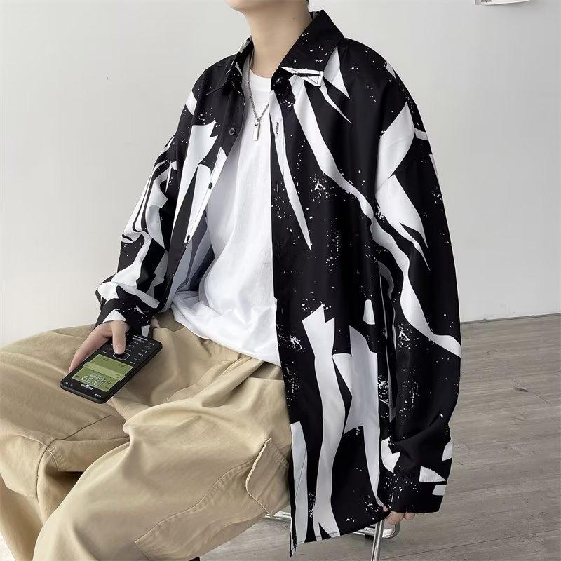 Autumn Retro Buckle New Chinese Style Stand Collar Shirt Men's Niche Graffiti Printing Design Sense Ruan Handsome Top