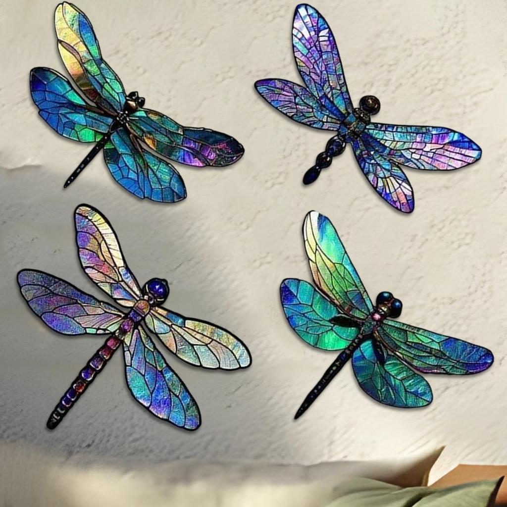 Dragonfly Wall Art Wooden Dragonfly Wall Decoration 4 Pieces Colorful Garden Decoration Sculpture Outdoor Hangings for Patio