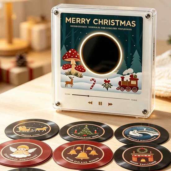 Programmable Music Box Vinyl Record Player Fridge Magnet for Christmas, with 9 Records, Decorative 256MB Memory, LED Light-Up Personalized NFC