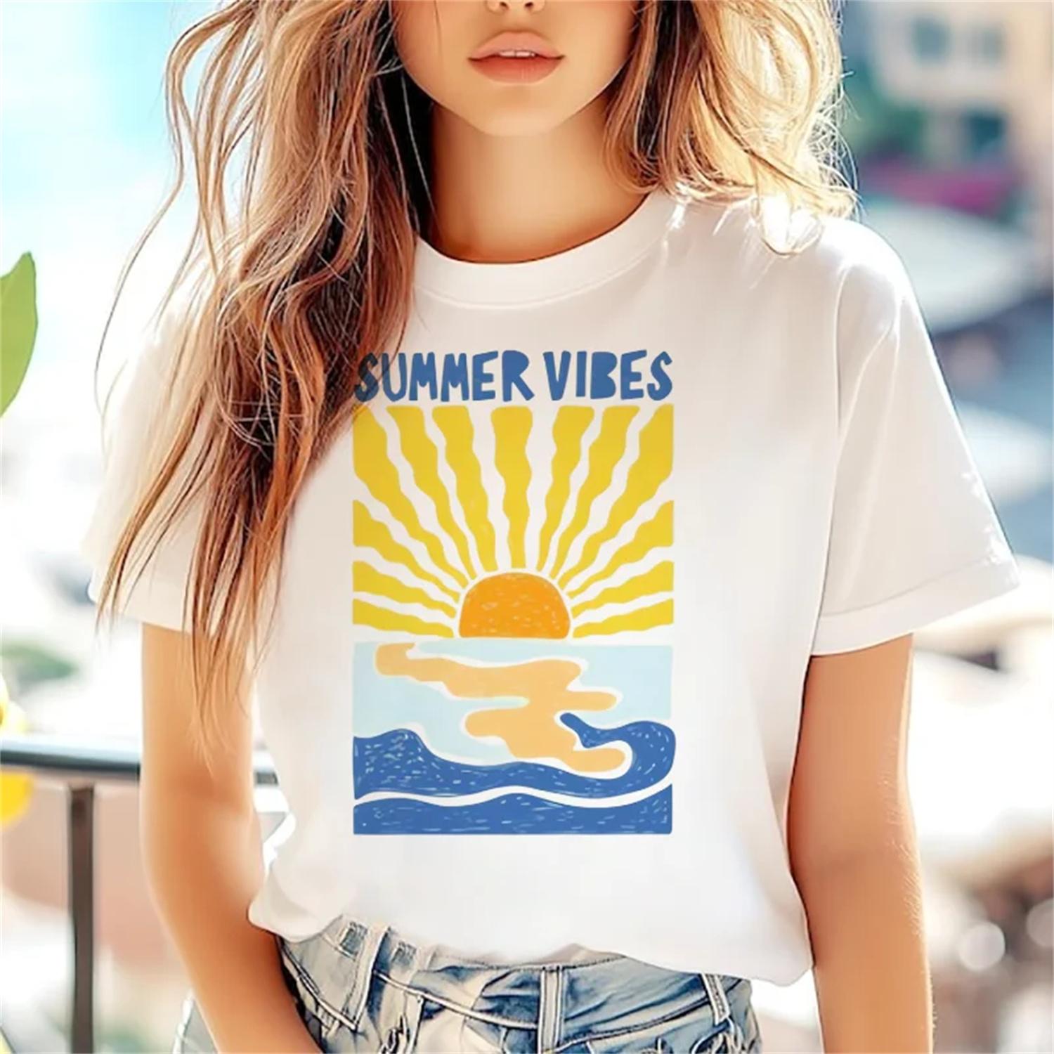 Women s Watercolor Pattern Seaside Vacation Fashion Print Summer T-Shirt Short Sleeved Clothing Print New Casual Women s Top S