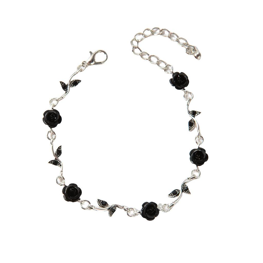 Elegant High-End Women's Retro Silver Fairy Jewelry Set: Black Knight Rose Earrings, Bracelet & Necklace