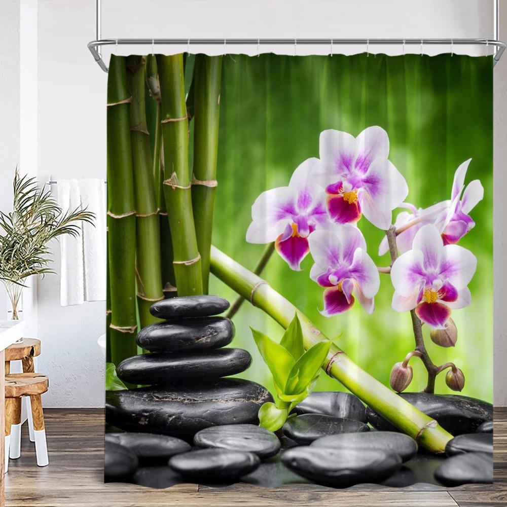 Zen Zasłony Prysznicowe Czarny Kamień Zielony Bambus Lotos Spa Świeca Fioletowa Orchidea Naturalny Liść Zasłona Łazienkowa Medytacja Wystrój Kąpieli