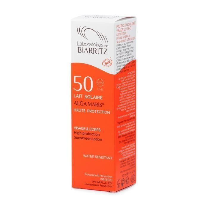 Lait Solaire Bio - LABORATOIRE DE BIARRITZ - SPF50 - 100ml - Protection UVA/UVB - Résistant à l'eau