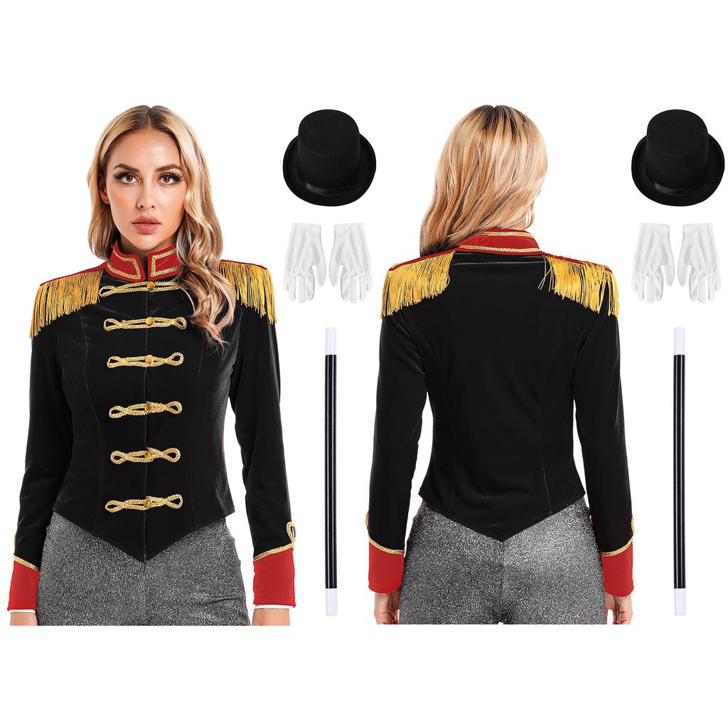 S-3XL Women's Complete Ringmaster Costume Set: Long Sleeve Fringe Shoulder Jacket with Hat, Gloves & Wand for Halloween Stage