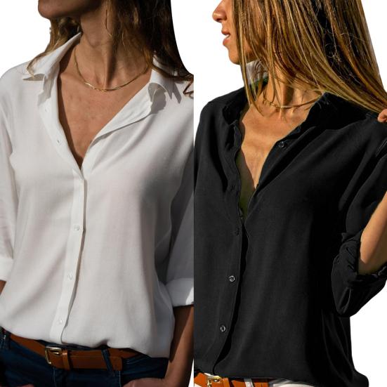 Women Sexy Buttons V Neck Solid Color Shirt Casual Autumn Long Sleeve Blouse