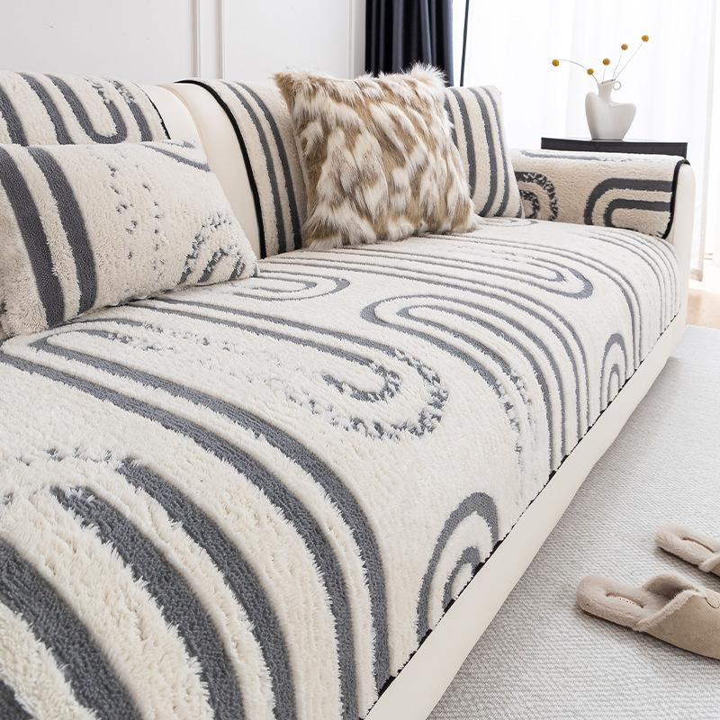 European Striped Jacquard Plush Sofa Cushion Simple Fashion Non-Slip Sofa Cover for Living Room Keep Warm Dustproof Couch Covers