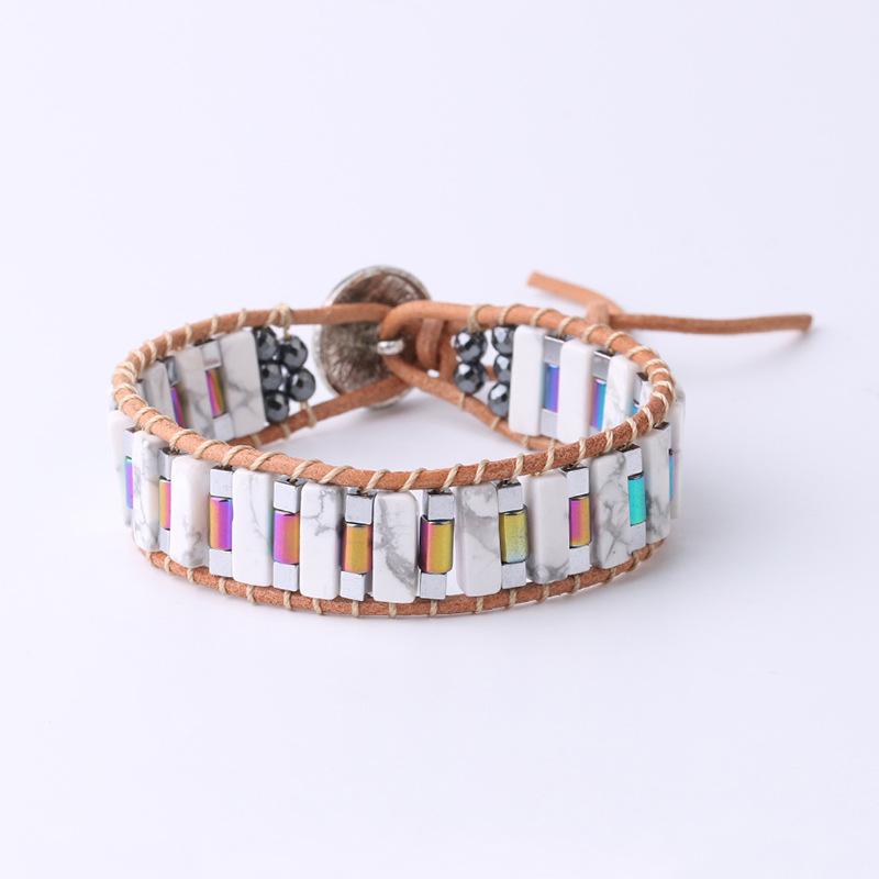 Brățară cu mărgele pătrate lungi țesute manual în stil național Brățară cu mărgele din piatră naturală Brățară înfășurată pentru femei